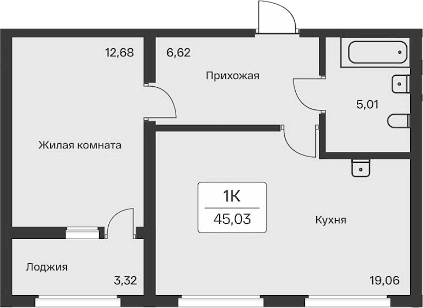 1-комнатная квартира 45.03 м², 1/11 эт., ЖК «Расцветай в Янино»